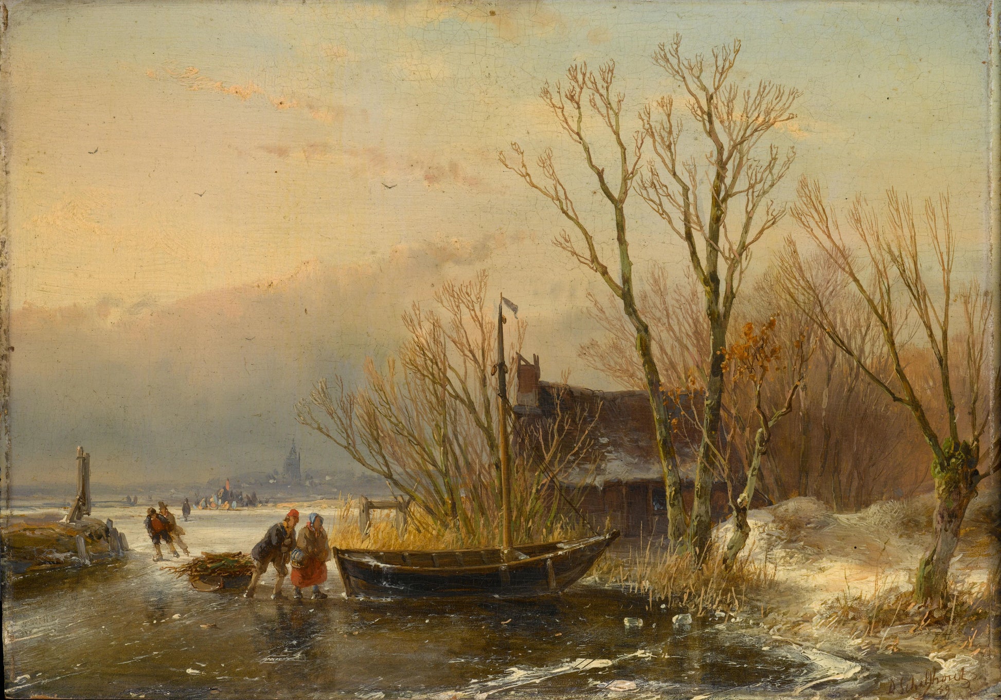 Winter Scene on the Ice with Wood Gatherers – Andreas Schelfhout Vintage Landscape Art Print | Wall Art Poster