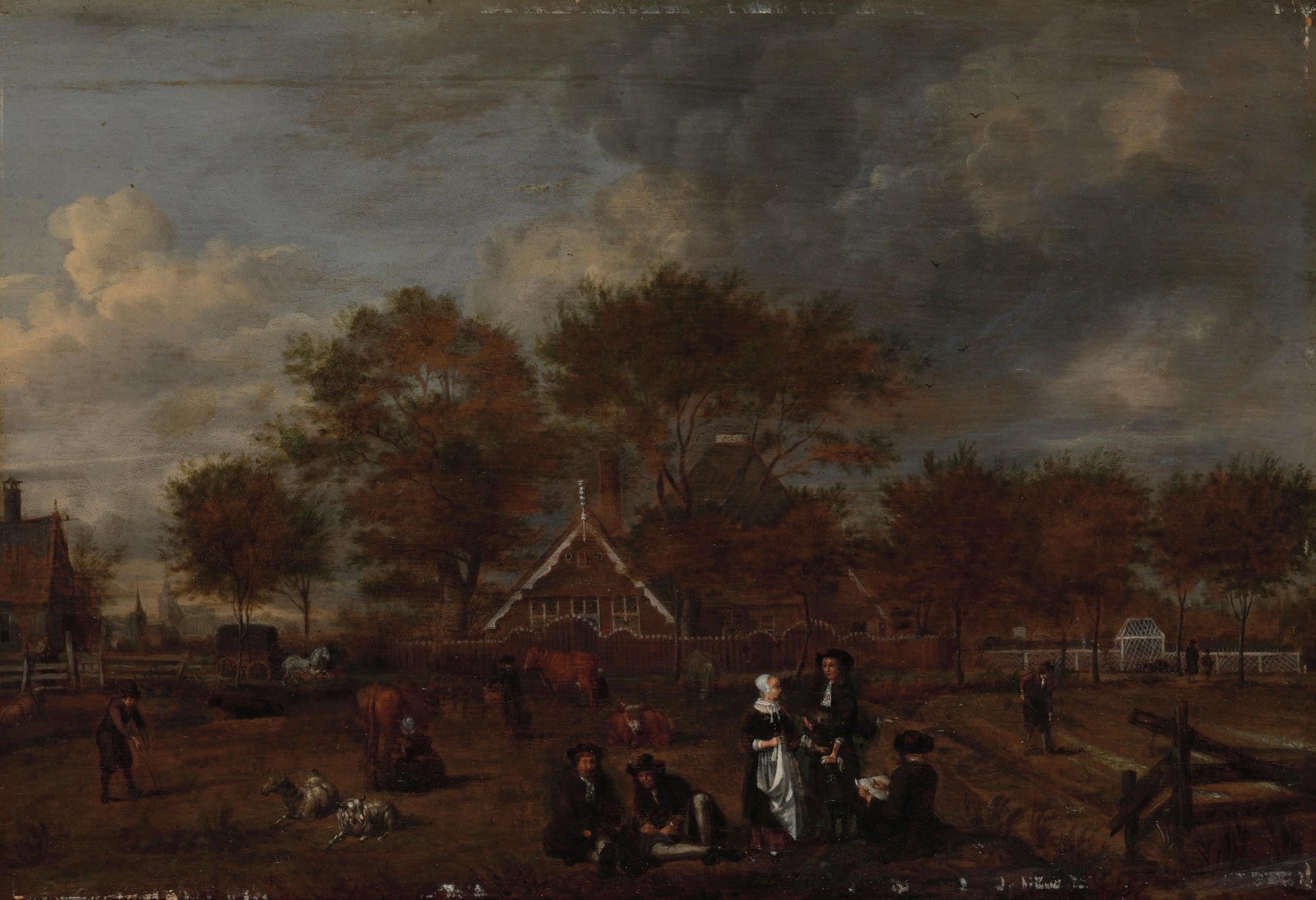 Farmstead with the Gentleman Farmer and his Wife and the Painter in the foreground – Jan Pietersz Opperdoes Vintage Portrait Art Print | Wall Art Poster