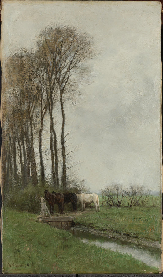 Paarden bij het hek – Anton Mauve (vermeld op object) Vintage Animal Study Art Print | Wall Art Poster