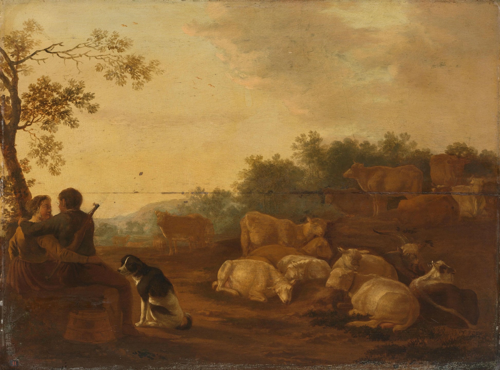 Landscape with sheperd, sheperdess and cattle – W. Ossenbeck (vermeld op object) Vintage Landscape Art Print | Wall Art Poster