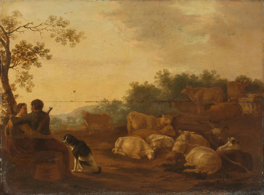 Landscape with sheperd, sheperdess and cattle – W. Ossenbeck (vermeld op object) Vintage Landscape Art Print | Wall Art Poster