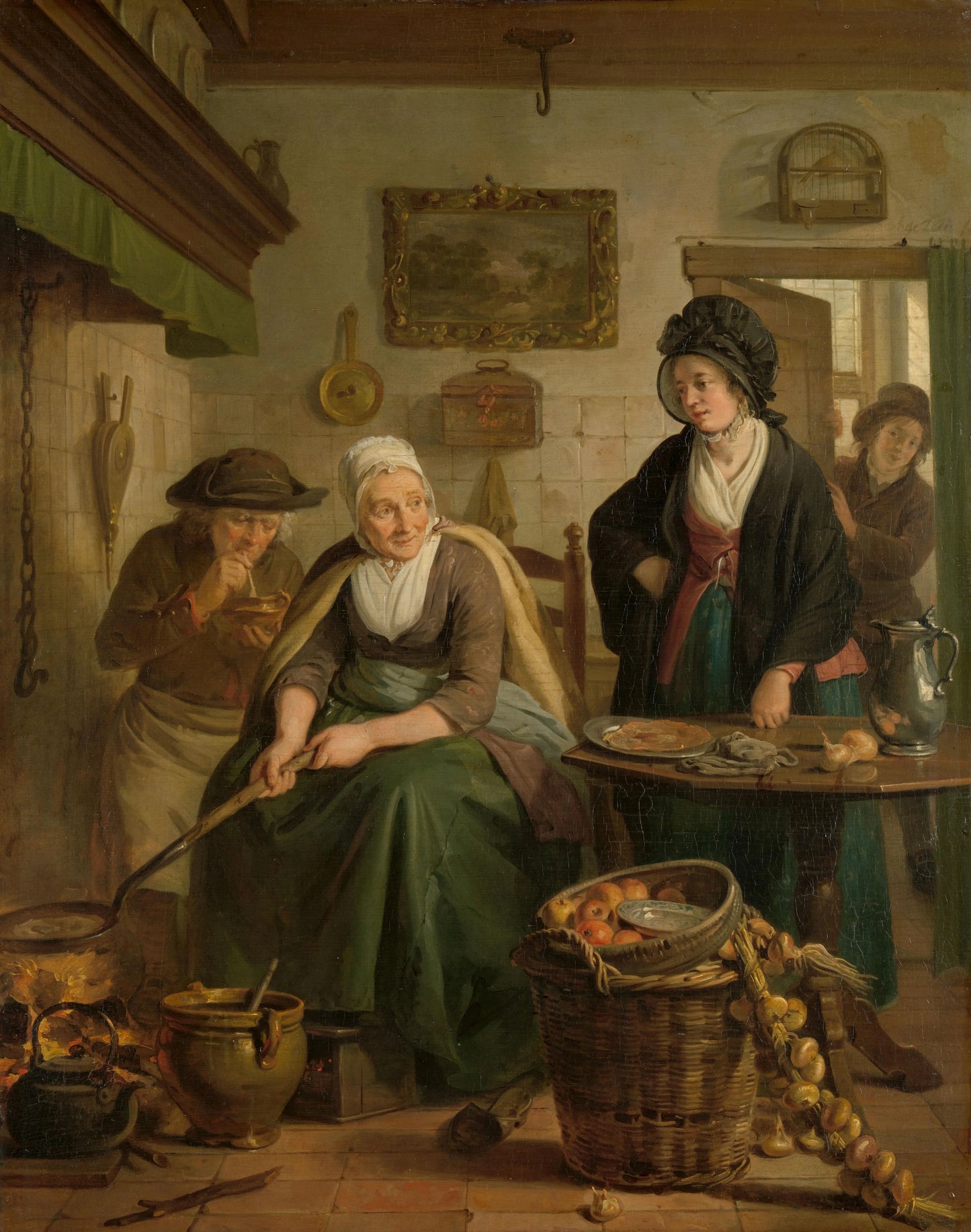 Old Woman making Pancakes – Adriaan de Lelie (mentioned on object) Vintage Art Print | Wall Art Poster