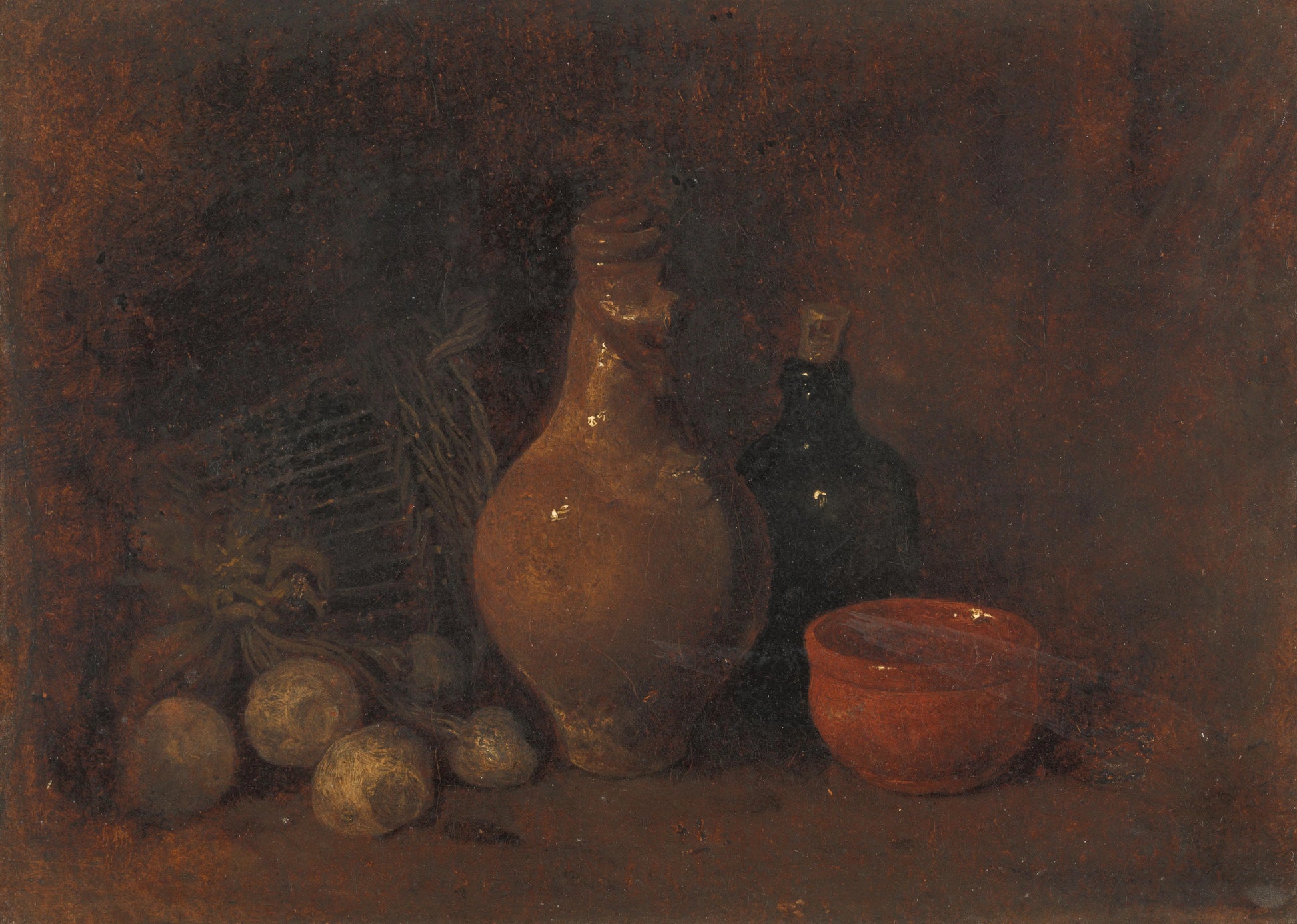 Stilleven met vier vruchten, glas en aardewerk – François Bonvin Vintage Still Life Art Print | Wall Art Poster