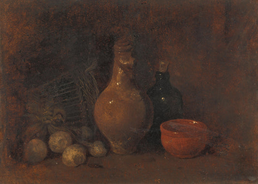 Stilleven met vier vruchten, glas en aardewerk – François Bonvin Vintage Still Life Art Print | Wall Art Poster