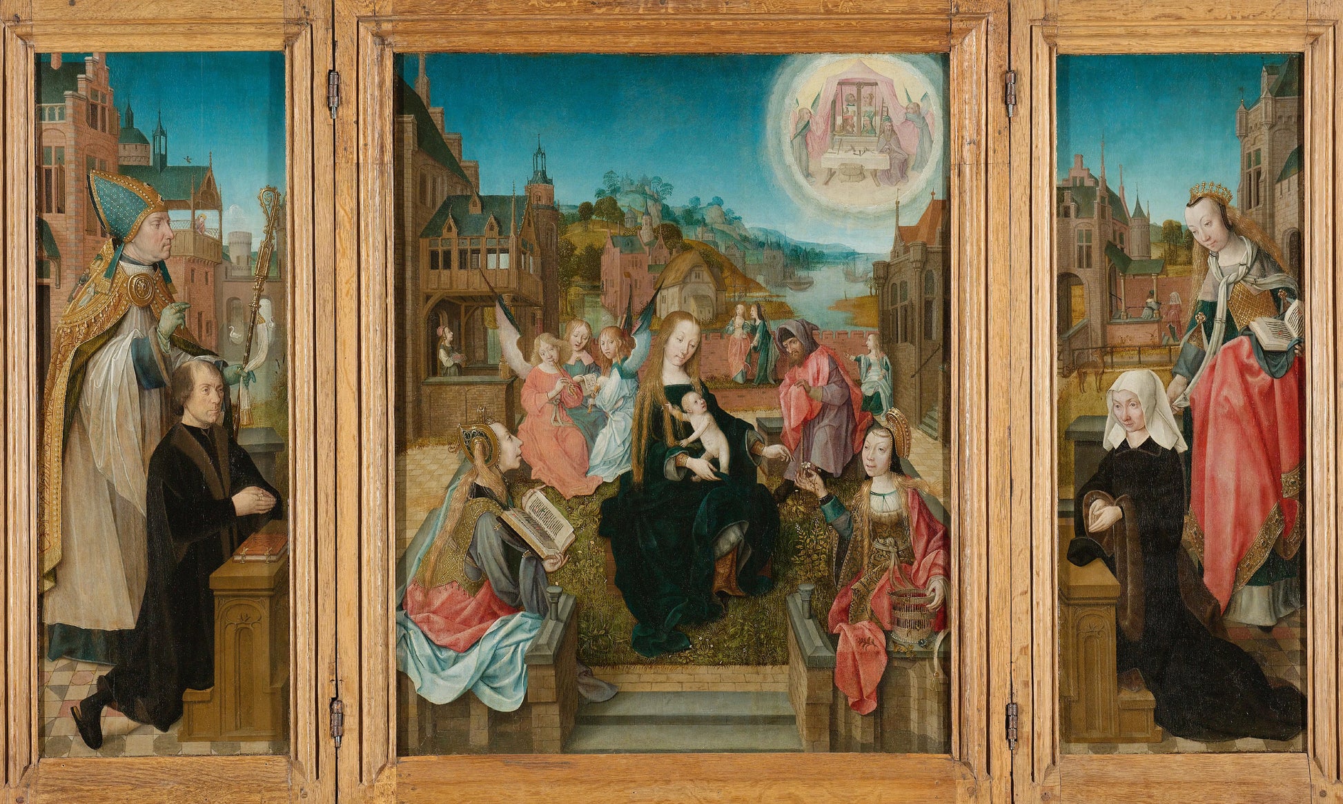 Triptych with Virgin and Child with Saints (center), male Donor with Saint Martin (left, inner wing), female Donor with Saint Cunera (right, inner wing), and the Annunciation (outer wings) – Meester van Delft Vintage Art Print | Wall Art Poster