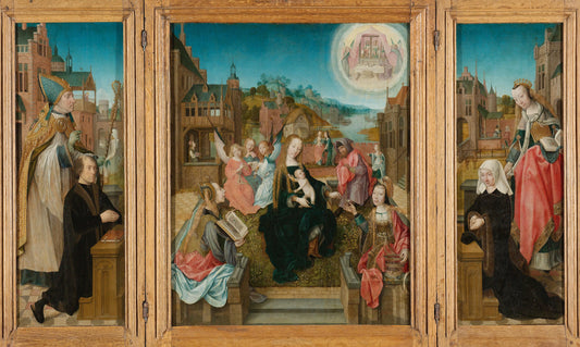 Triptych with Virgin and Child with Saints (center), male Donor with Saint Martin (left, inner wing), female Donor with Saint Cunera (right, inner wing), and the Annunciation (outer wings) – Meester van Delft Vintage Art Print | Wall Art Poster