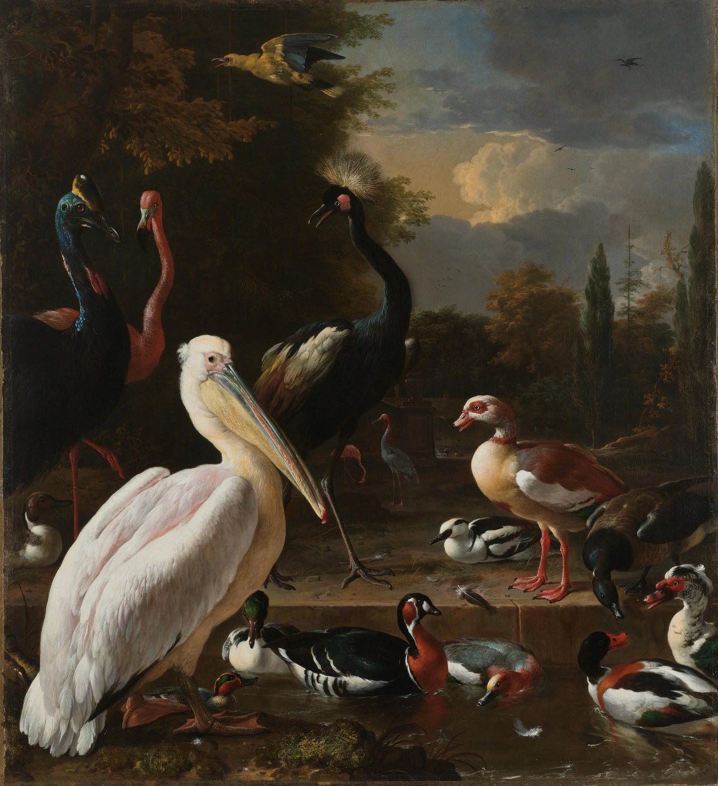 A Pelican and other Birds near a Pool, known as 'The Floating Feather' – Melchior d' Hondecoeter Vintage Garden Scene Art Print | Wall Art Poster