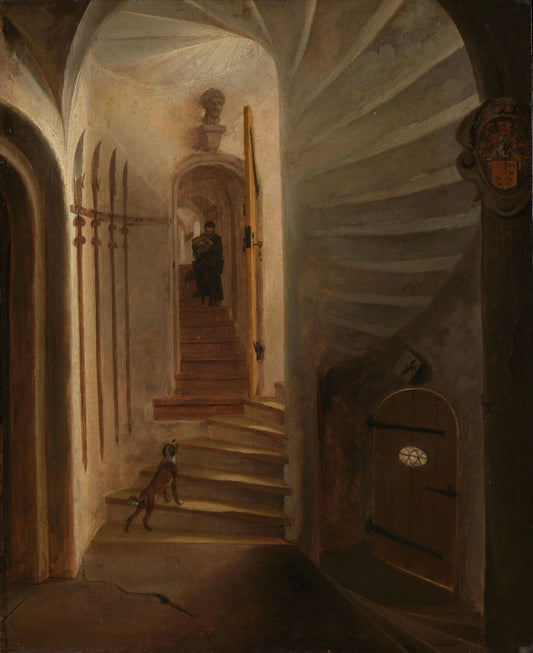 Portal of a stairway tower, with a man descending the stairs: presumably the moment before the assassination of William the Silent in the Ptinsenhof, Delft – toegeschreven aan Egbert Lievensz. van der Poel Vintage Art Print | Wall Art Poster
