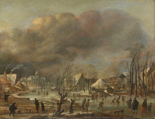 Winter Landscape with Church and Farmhouses – manner of Aert van der Neer Vintage Landscape Art Print | Wall Art Poster
