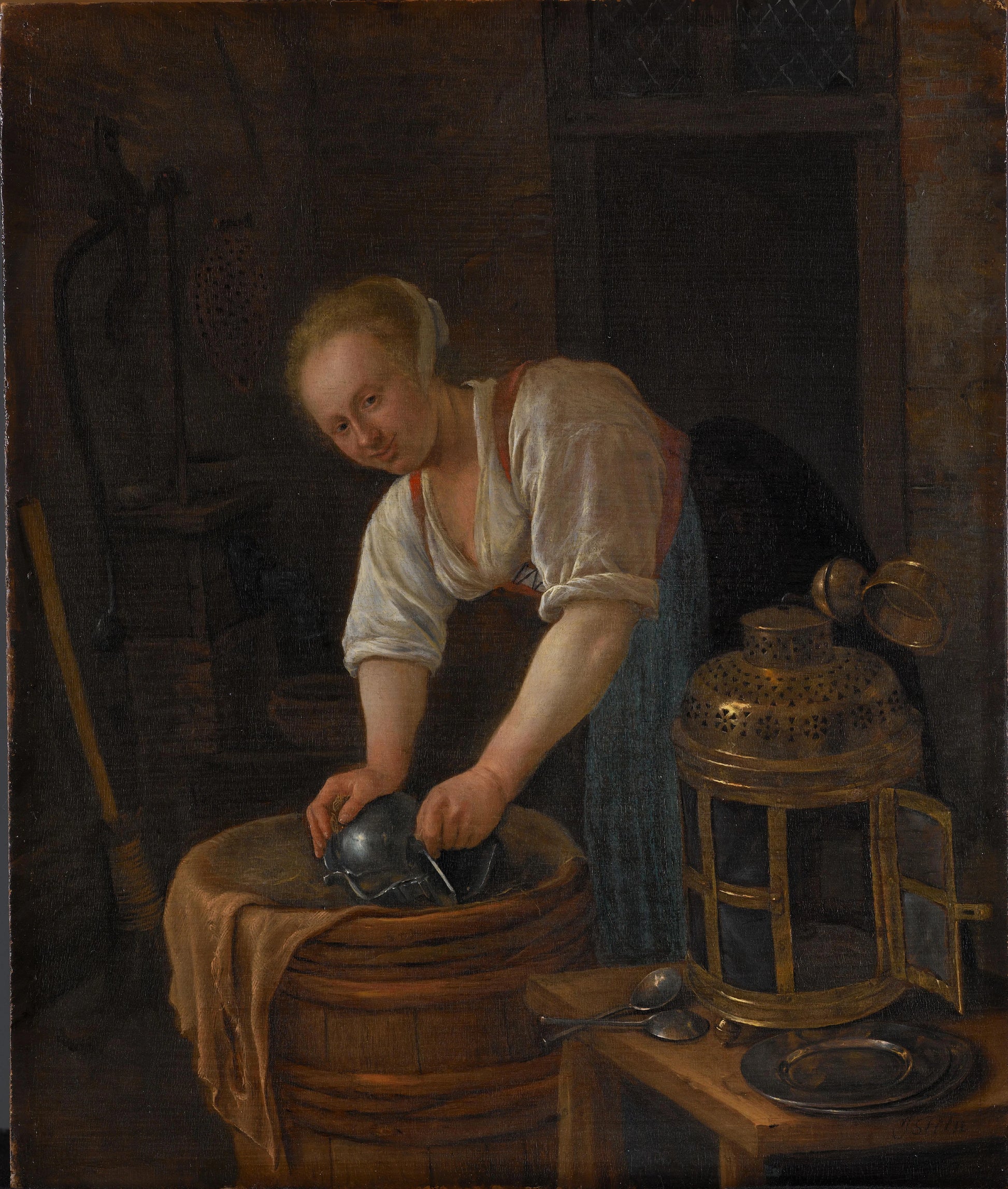 Woman scouring metalware – Jan Havicksz. Steen Vintage Art Print | Wall Art Poster
