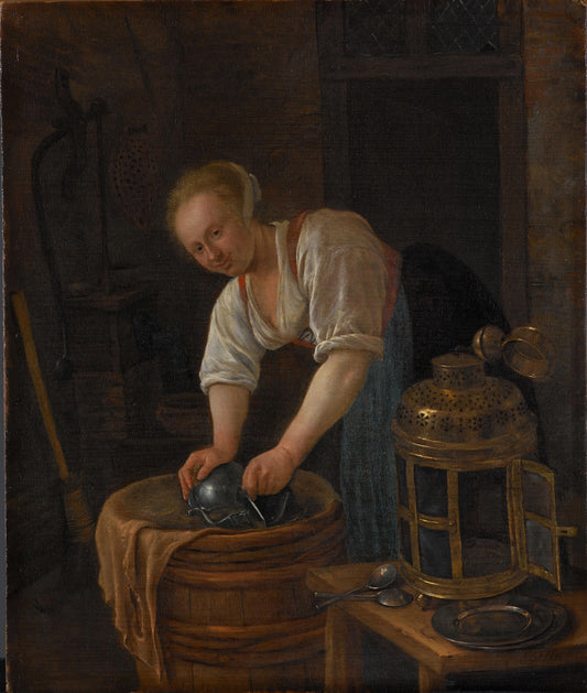 Woman scouring metalware – Jan Havicksz. Steen Vintage Art Print | Wall Art Poster
