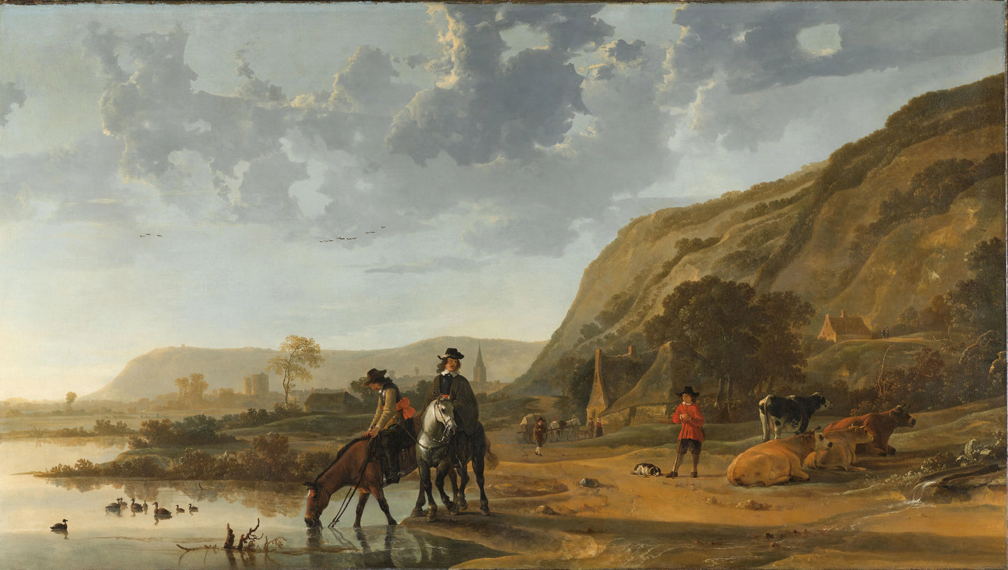 River Landscape with Riders – Aelbert Cuyp (vermeld op object) Vintage Landscape Art Print | Wall Art Poster