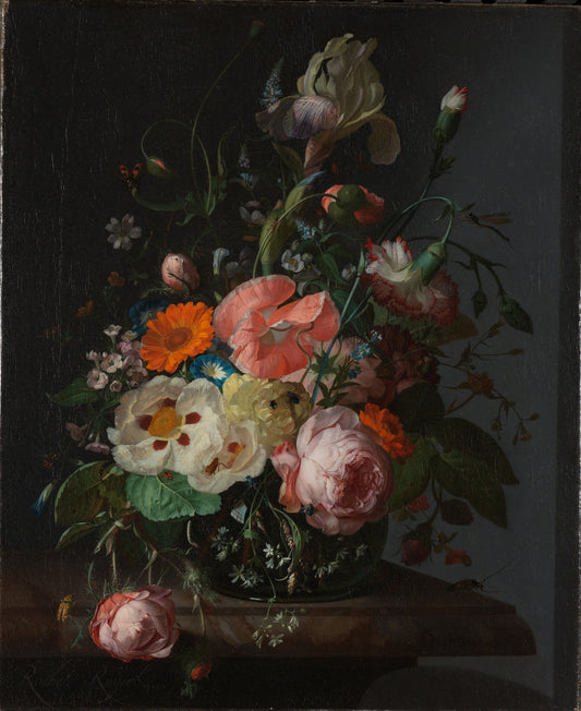 Still Life with Flowers on a Marble Tabletop – Rachel Ruysch (vermeld op object) Vintage Still Life Art Print | Wall Art Poster