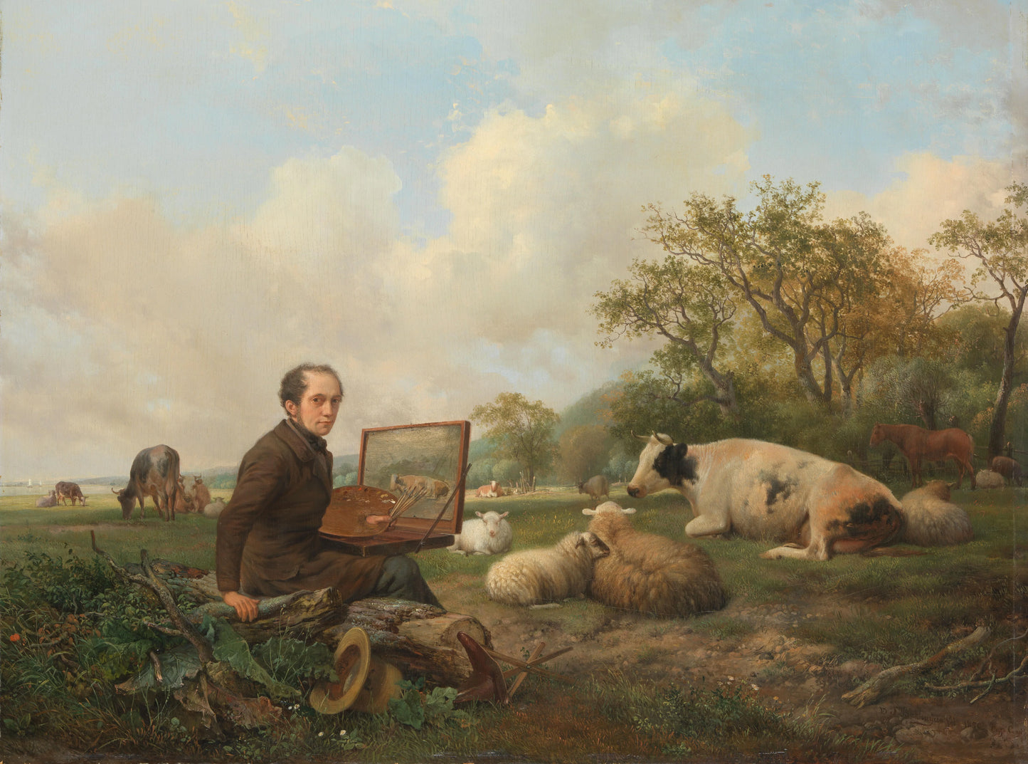 The Artist Painting a Cow in a Meadow – Hendrikus van de Sande Bakhuyzen (signed by artist) Vintage Self-Portrait Art Print | Wall Art Poster