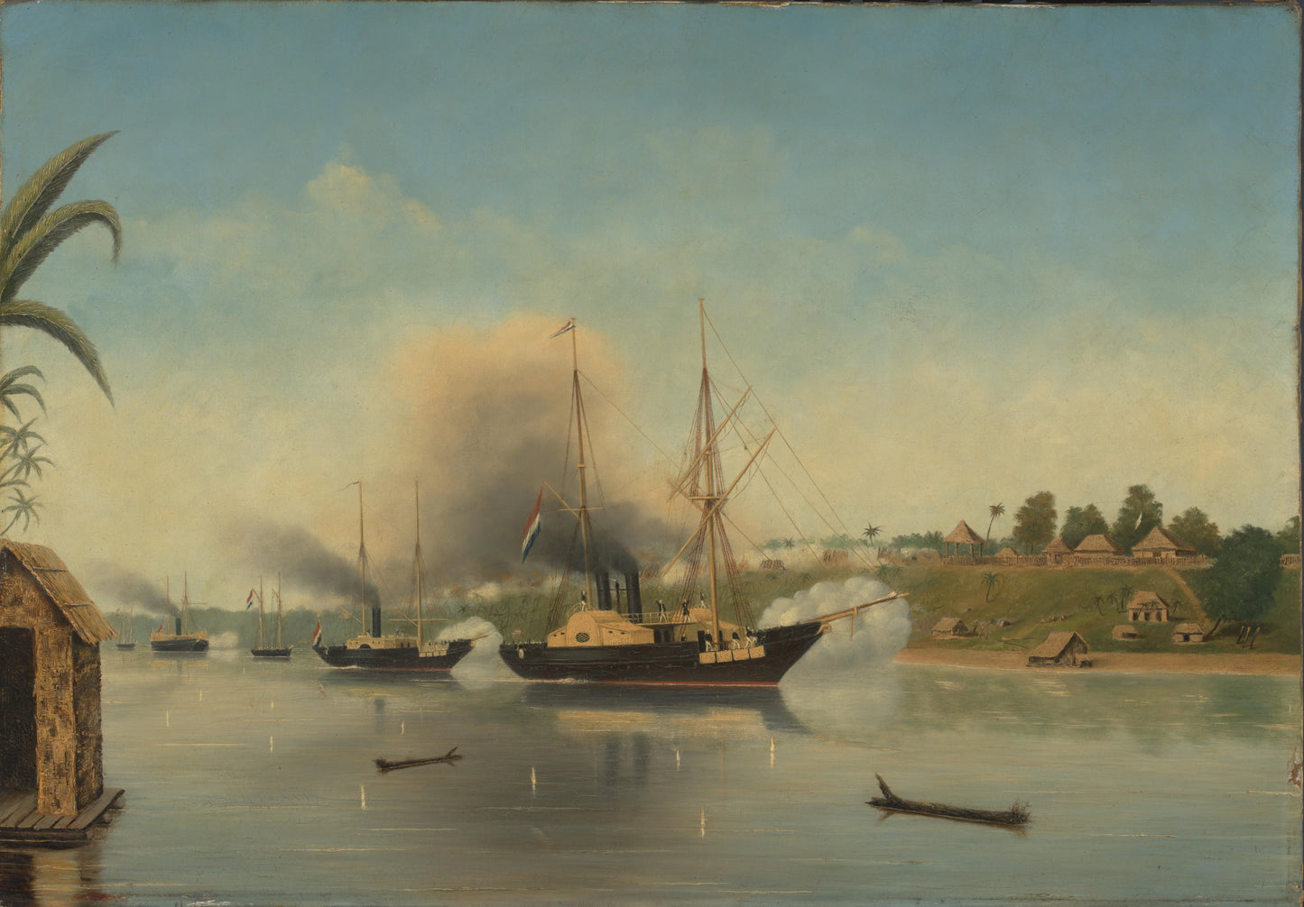 De beschieting van de Kraton van de Sultan van Djambi door de gouvernementsmarineschepen 'Celebes', 'Admiraal van Kinsbergen' en 'Onrust' op 8 september 1858 – anonymous Vintage Marine Scene Art Print | Wall Art Poster