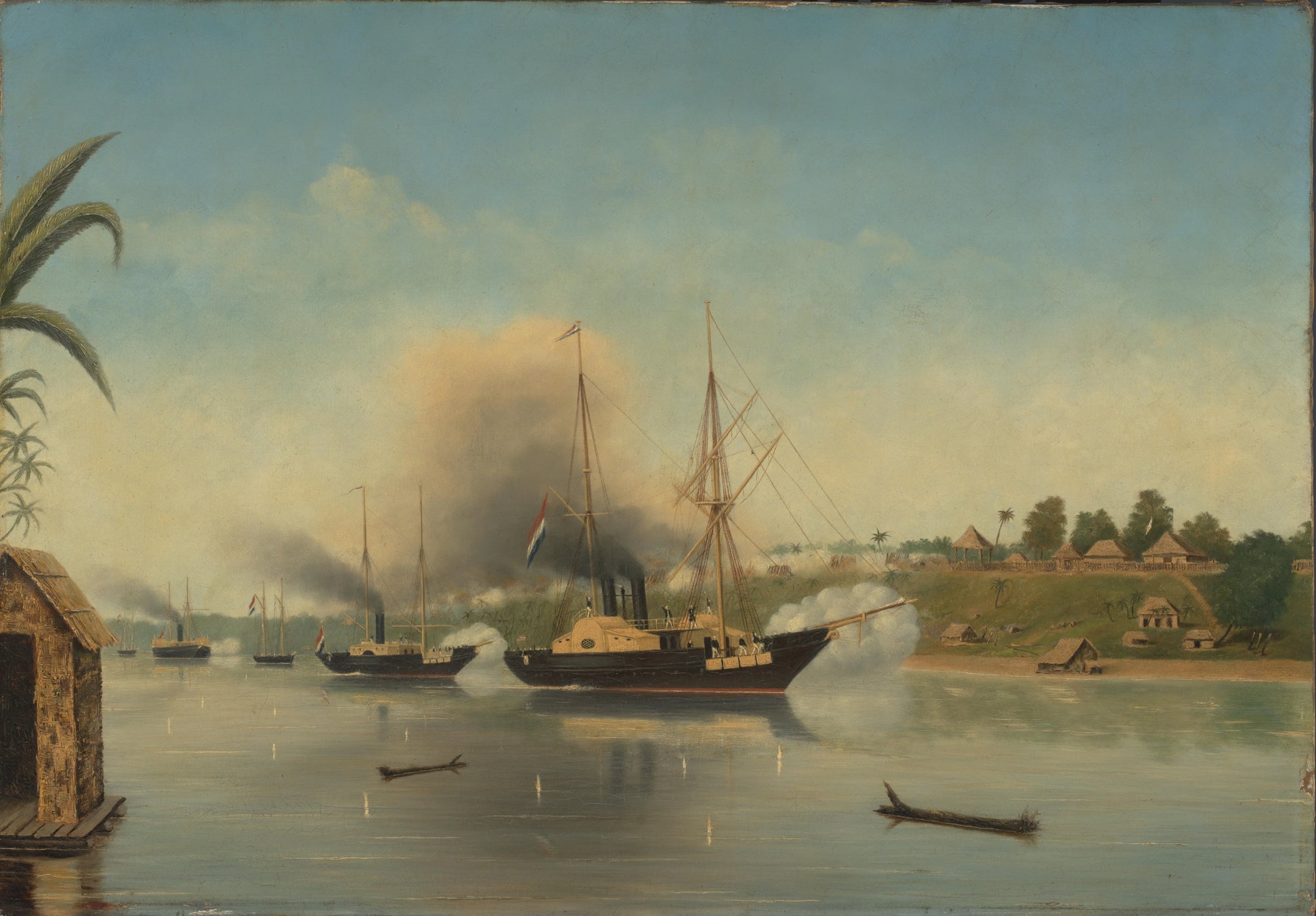 De beschieting van de Kraton van de Sultan van Djambi door de gouvernementsmarineschepen 'Celebes', 'Admiraal van Kinsbergen' en 'Onrust' op 8 september 1858 – anonymous Vintage Marine Scene Art Print | Wall Art Poster