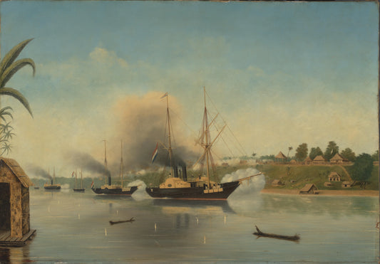De beschieting van de Kraton van de Sultan van Djambi door de gouvernementsmarineschepen 'Celebes', 'Admiraal van Kinsbergen' en 'Onrust' op 8 september 1858 – anonymous Vintage Marine Scene Art Print | Wall Art Poster