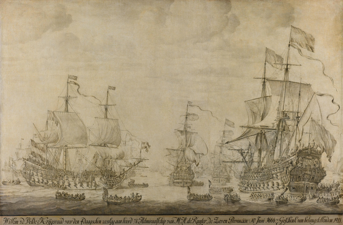 "Council of War aboard ""The Seven Provinces"", the Flagship of Michiel Adriaenszoon de Ruyter, 10 June 1666, preceding the Four Days' Battle: episode from the Second Anglo-Dutch War" – Willem van de Velde (I) Vintage Art Print | Wall Art Poster