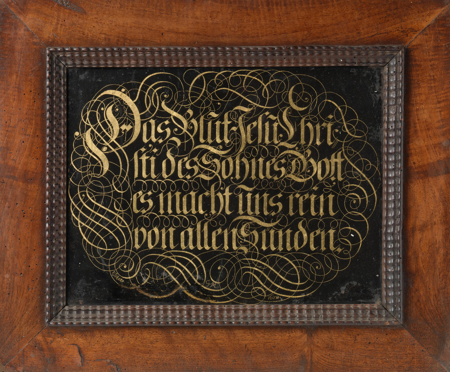 Behind-Glass Painting with Calligraphed Saying: The Blood of Jesus Christ the Son of God Purifies us from all Sin – Johann G. M Vintage Art Print | Wall Art Poster