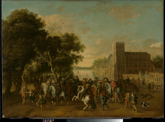 Prince Maurits, Accompanied by Prince Frederik Hendrik, Frederick V of Bohemia and his Wife Elizabeth Stuart, and Others, on the Buitenhof, The Hague – Pauwels van Hillegaert Vintage Portrait Art Print | Wall Art Poster