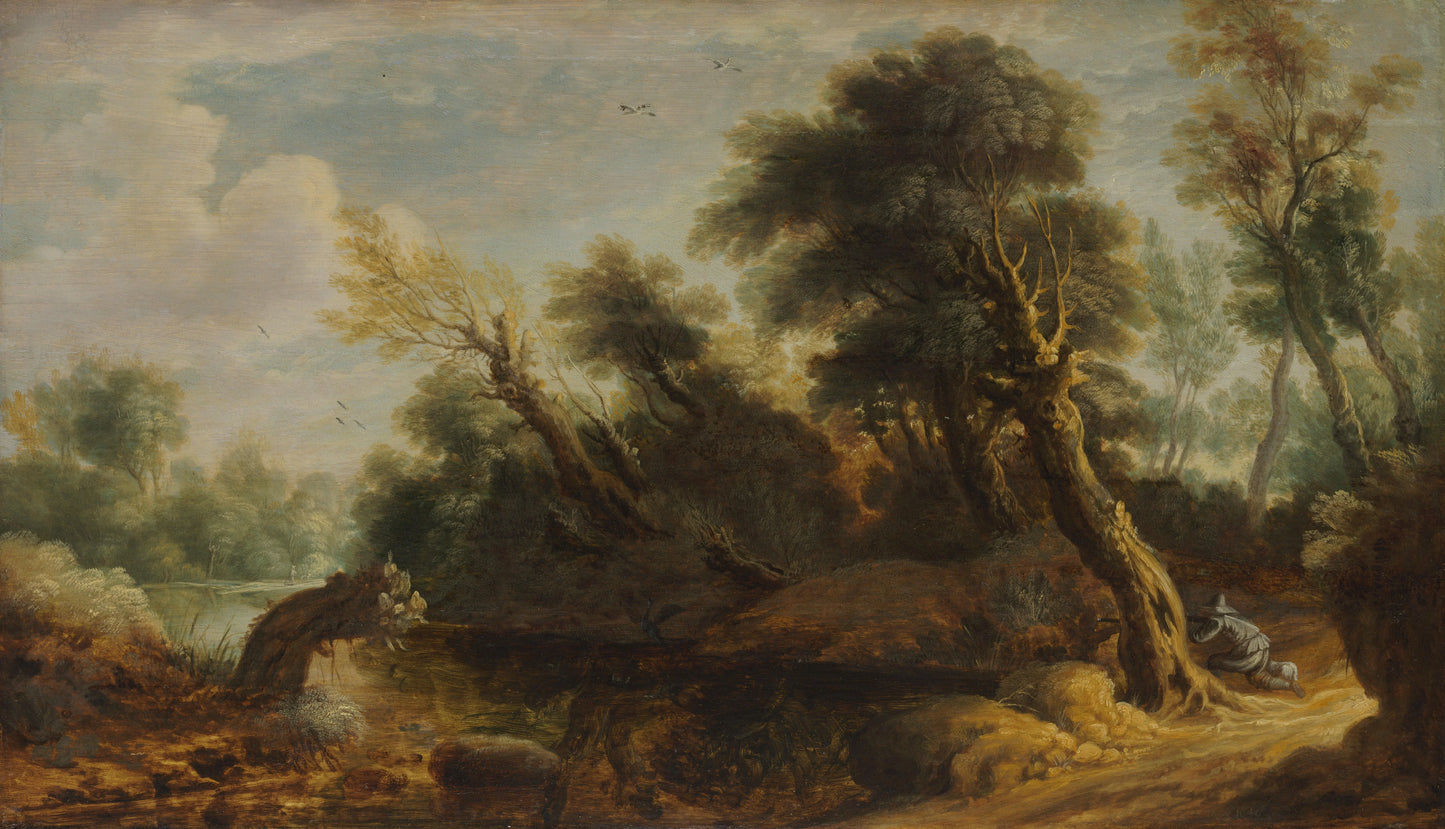 Wooded Landscape with a Wildfowler by a Stream – anonymous Vintage Landscape Art Print | Wall Art Poster