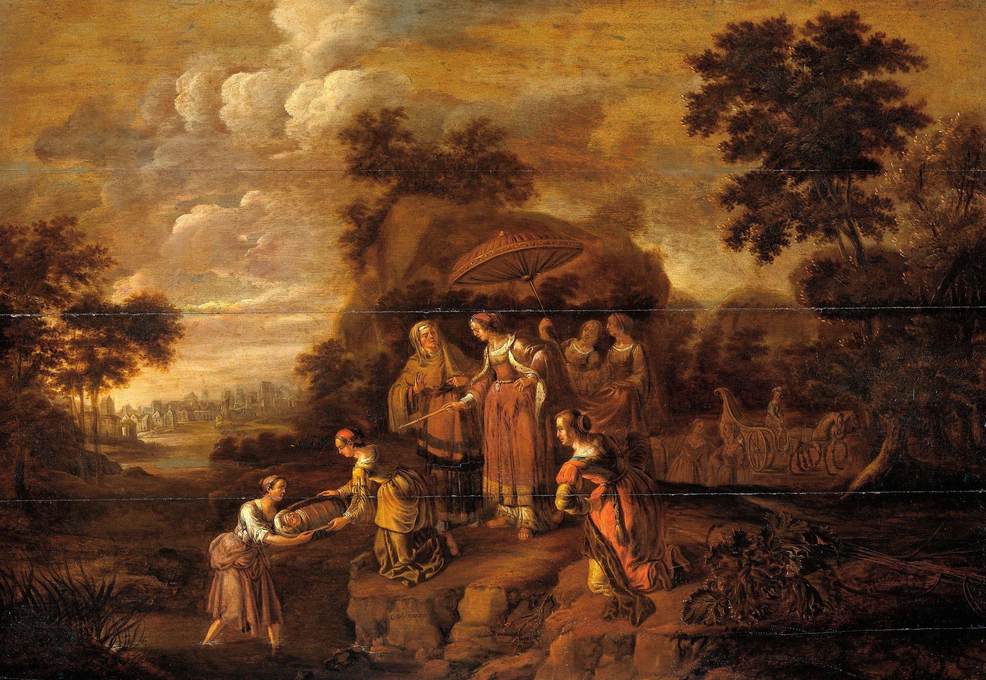 Pharaoh's Daughter Discovers Moses in the Rush Basket – Guilliam du Gardijn Vintage River Scene Art Print | Wall Art Poster