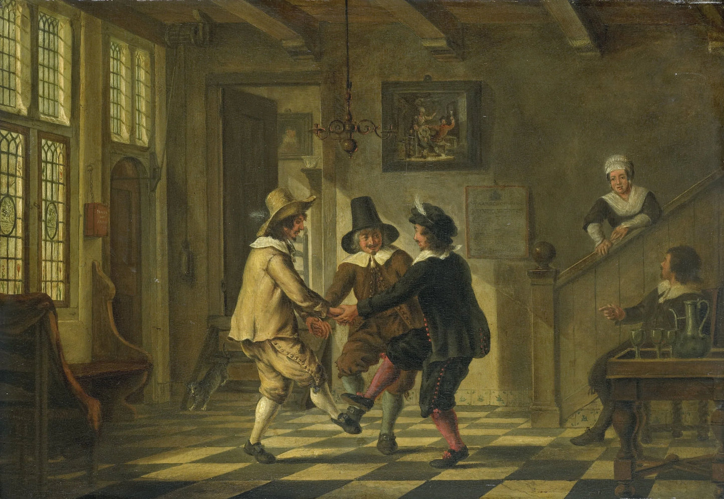 Drie mannen in zeventiende-eeuws kostuum dansend in een voorhuis – anonymous Vintage Art Print | Wall Art Poster