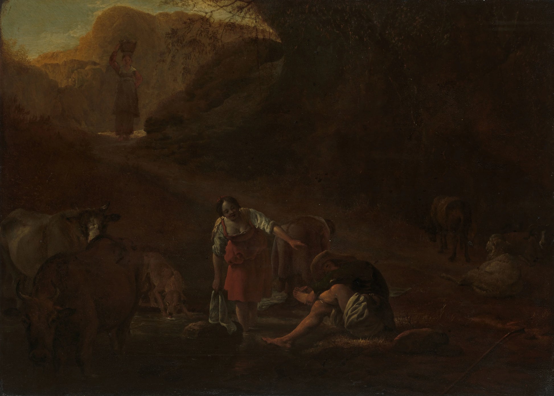 A Shepherd and Washerwomen at a Spring – Pieter Bodding van Laer (signed by artist) Vintage Landscape Art Print | Wall Art Poster