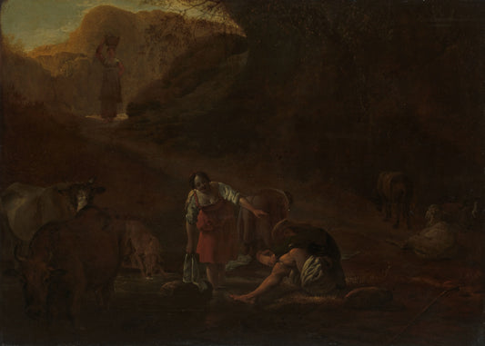 A Shepherd and Washerwomen at a Spring – Pieter Bodding van Laer (signed by artist) Vintage Landscape Art Print | Wall Art Poster