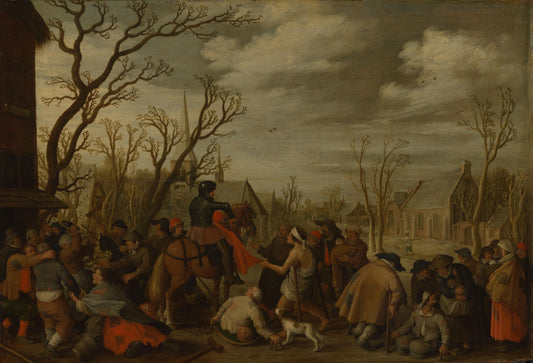 St Martin Cutting Off Part of his Cloak for a Beggar – Joost Cornelisz Droochsloot (signed by artist) Vintage Art Print | Wall Art Poster