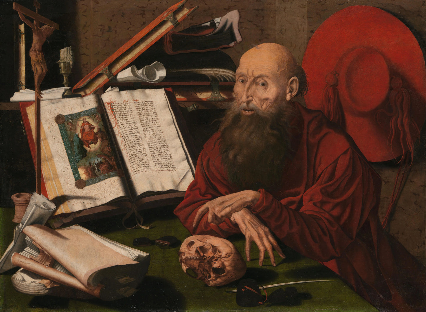 St Jerome in his study – attributed to Marinus van Reymerswale Vintage Art Print | Wall Art Poster