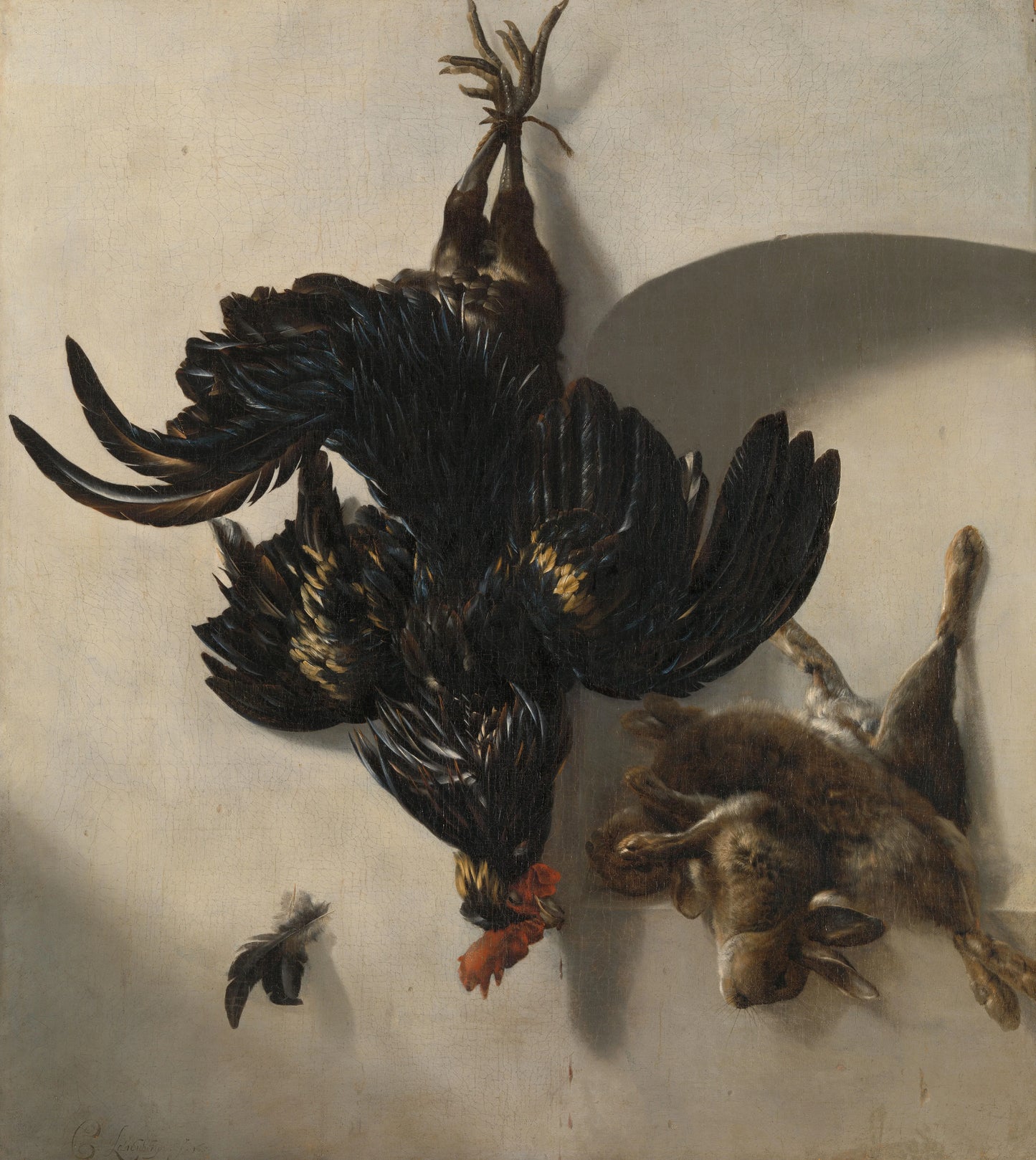 Still Life with Black Rooster and two Rabbits – Cornelis Lelienbergh Vintage Still Life Art Print | Wall Art Poster