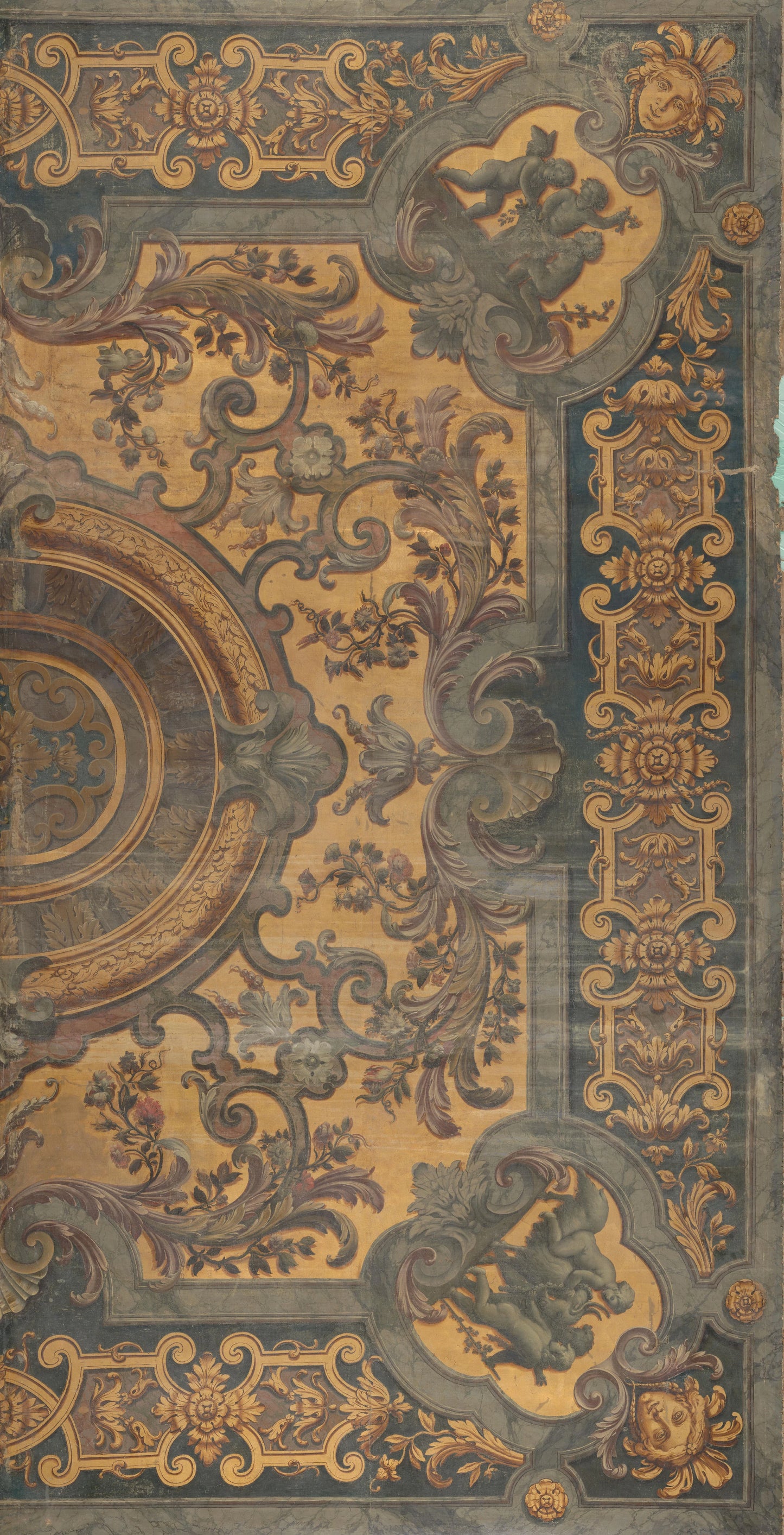 Ornamentale plafondschildering met in de hoeken voorstellingen van putti – attributed to Elias van Nijmegen Vintage Art Print | Wall Art Poster