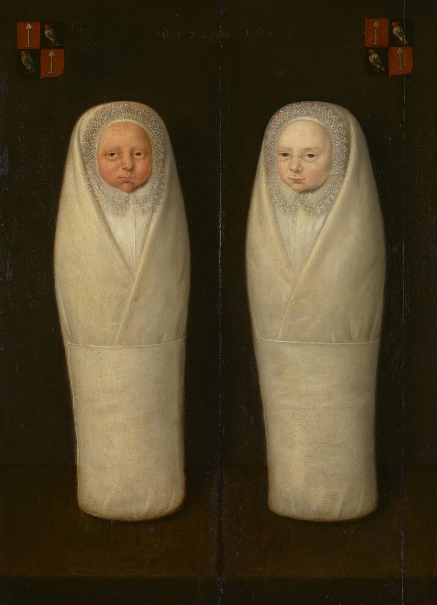 Portrait of Swaddled Twins: The Early-Deceased Children of Jacob de Graeff and Aeltge Boelens – anoniem Vintage Portrait Art Print | Wall Art Poster