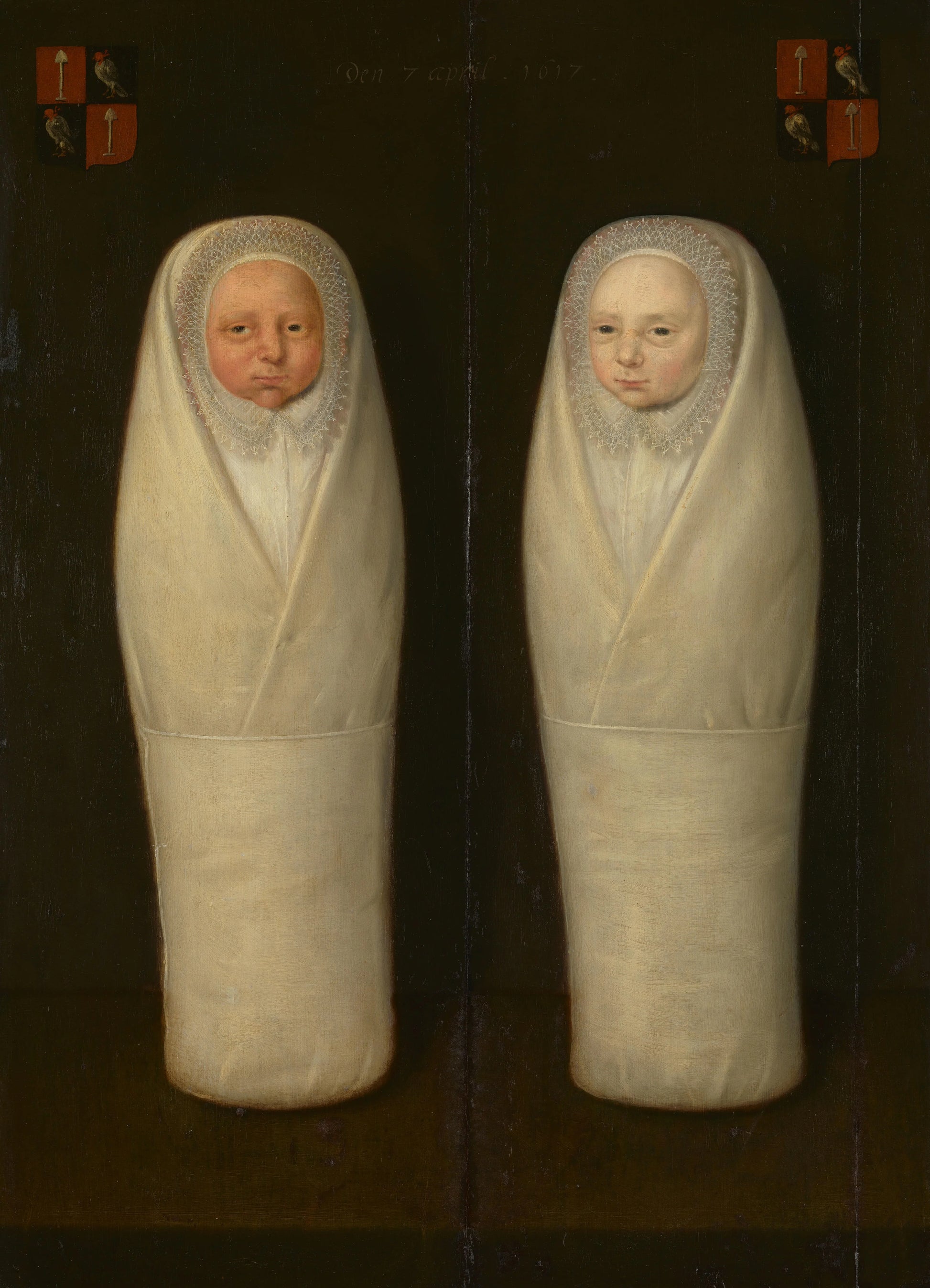 Portrait of Swaddled Twins: The Early-Deceased Children of Jacob de Graeff and Aeltge Boelens – anoniem Vintage Portrait Art Print | Wall Art Poster