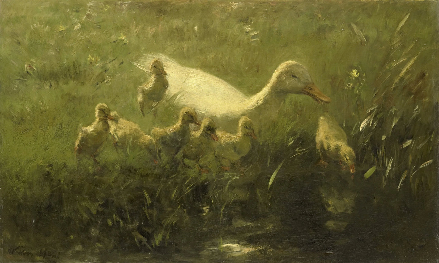 Witte eend met kiekens – Willem Maris Vintage Animal Study Art Print | Wall Art Poster