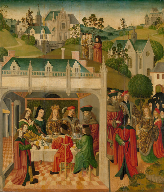 Wedding Feast of Saint Elizabeth of Hungary and Louis of Thuringia in the Wartburg, inner left wing of an altarpiece made for the Grote Kerk in Dordrecht – Master of the St Elizabeth Panels Vintage Art Print | Wall Art Poster