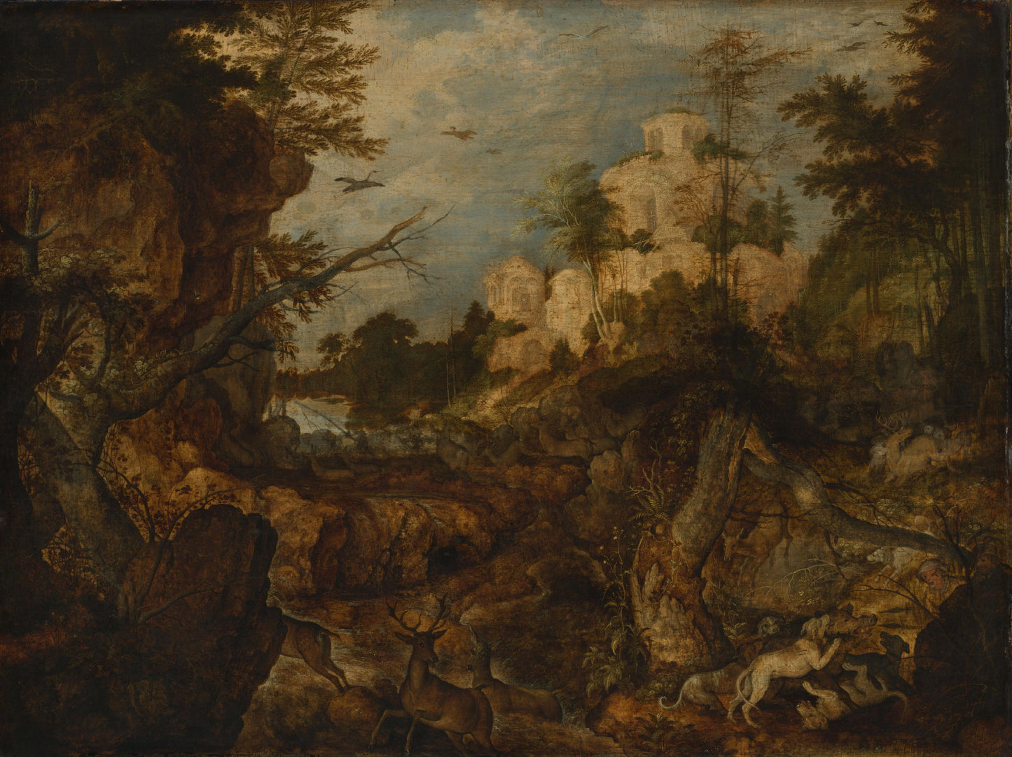 Wild boar hunt in a rocky landscape – Roelant Savery Vintage Landscape Art Print | Wall Art Poster