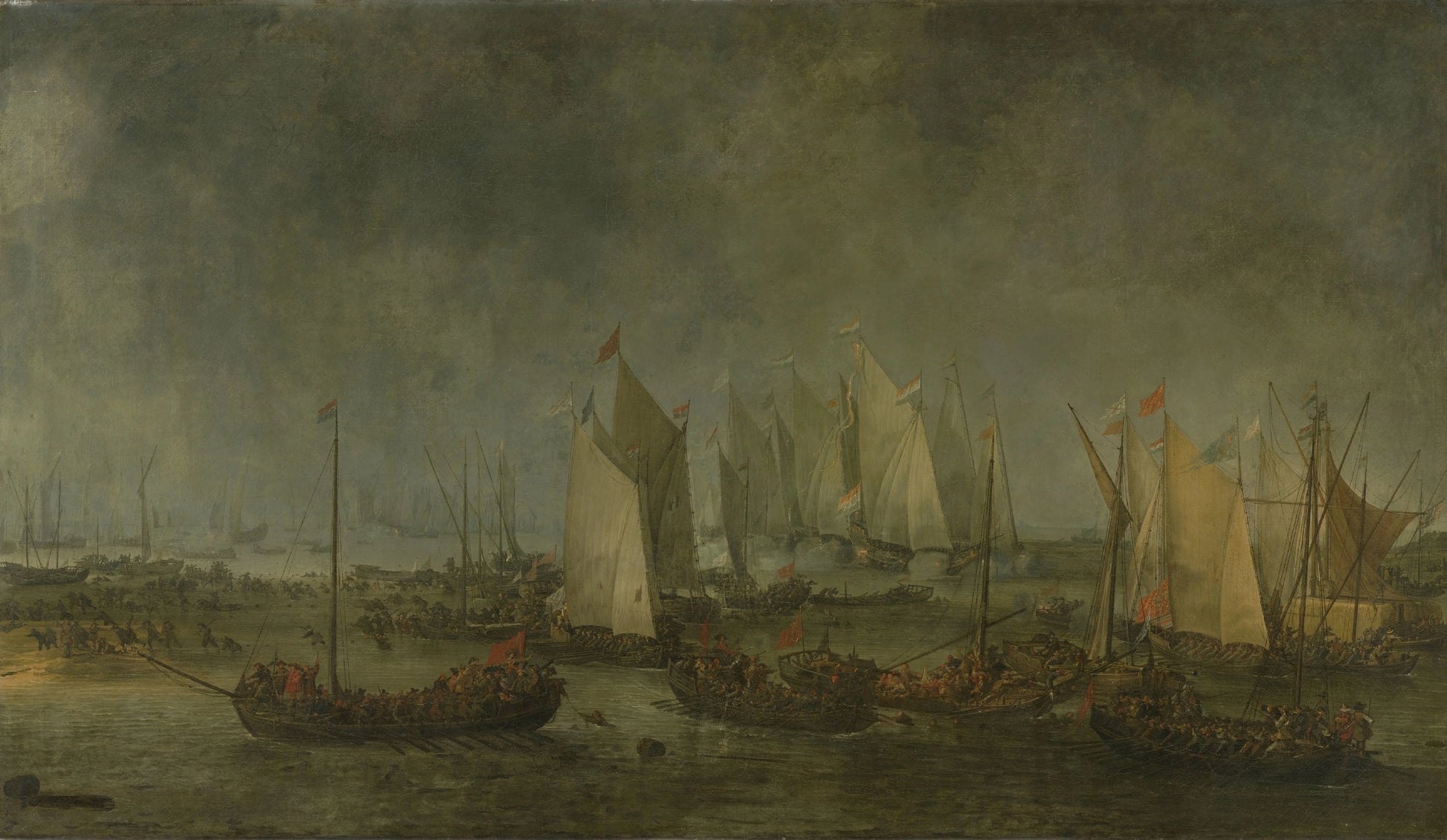 The Battle of the Slaak between the Dutch and Spanish Fleets on the Night of 12-13 September – Simon de Vlieger (eigenhandig gesigneerd) Vintage Nautical Scene Art Print | Wall Art Poster