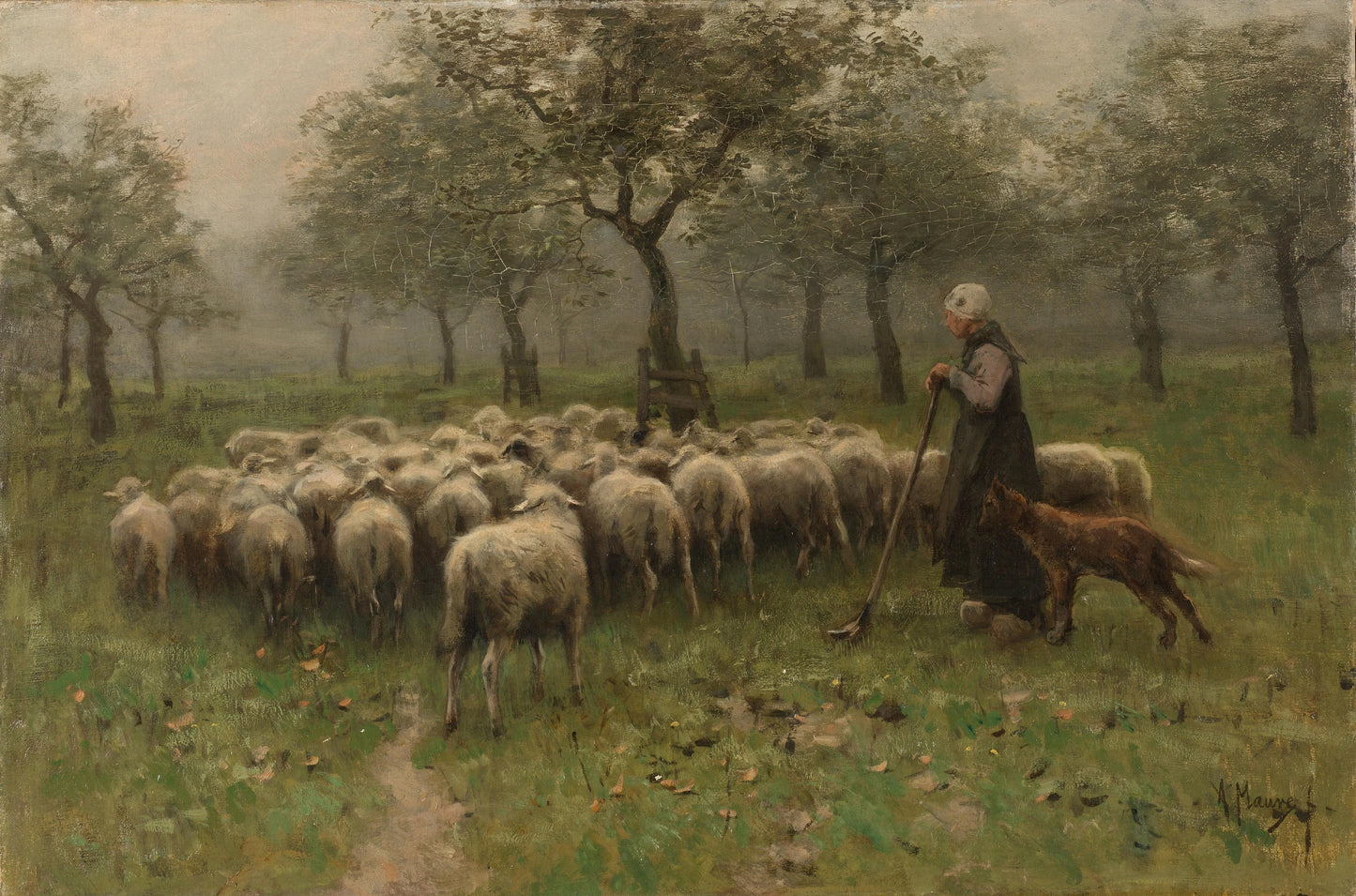 Shepherdess with a Flock of Sheep – Anton Mauve (mentioned on object) Vintage Animal Study Art Print | Wall Art Poster