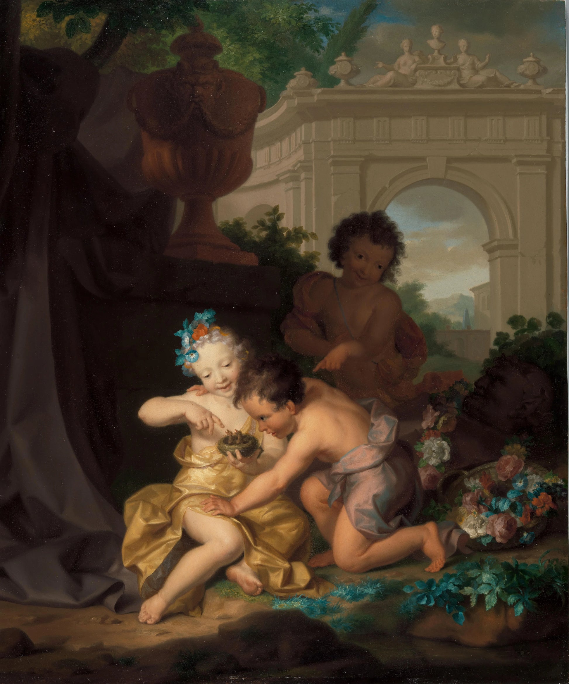 Drie kinderen spelend met een vogelnestje – Isaac Walraven (eigenhandig gesigneerd) [verworpen toeschrijving] Vintage Garden Scene Art Print | Wall Art Poster
