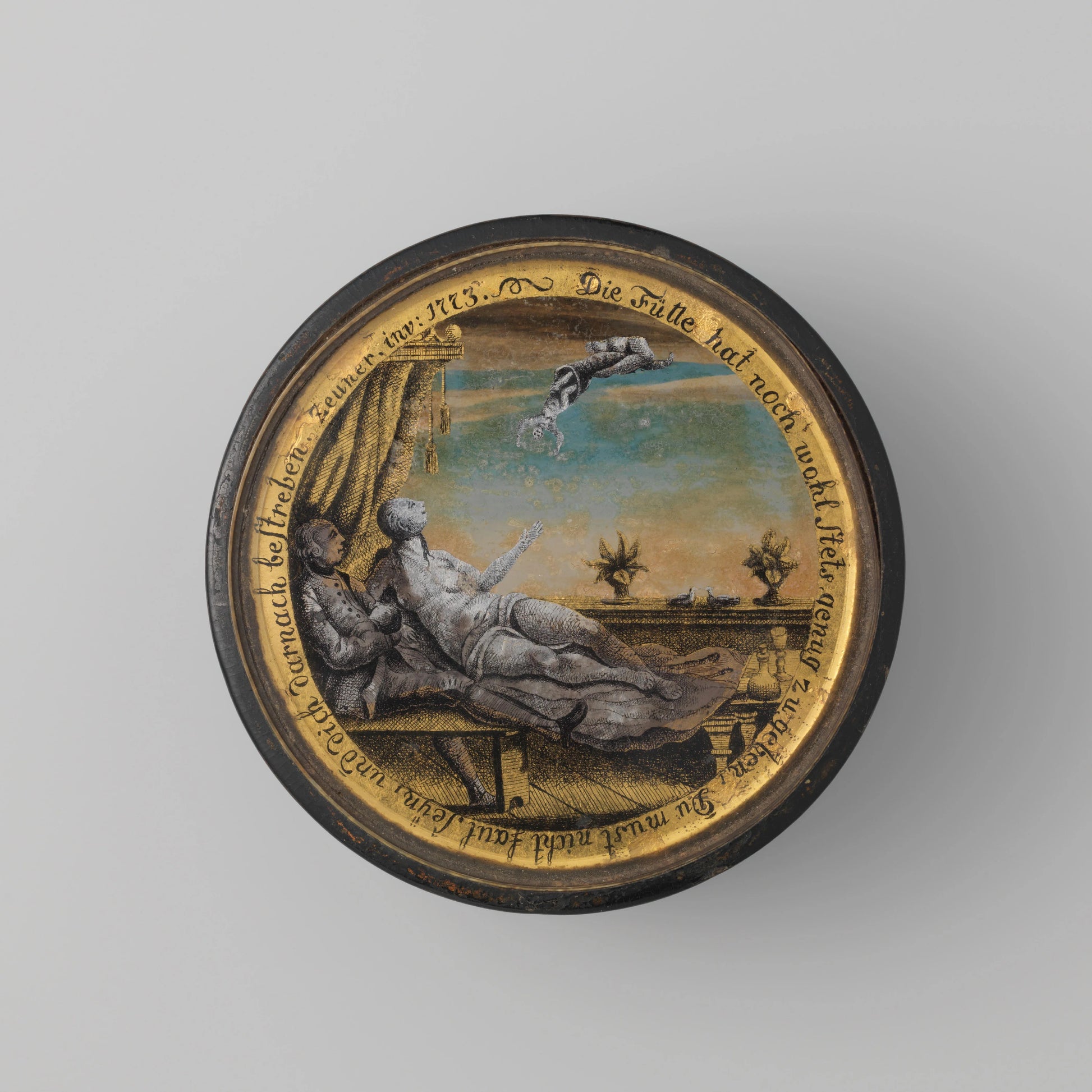 Ronde doos met op het deksel een achterglasschildering met een minnend paar – anoniem Vintage Art Print | Wall Art Poster