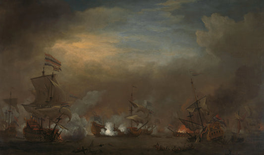 "Sea Battle between Cornelis Tromp on the ""Gouden Leeuw"" and Sir Edward Spragg on the ""Royal Prince"" during the Battle at Kijkduin (Battle of Texel), 21 August 1673: episode from the Third Anglo-Dutch War" – Willem van de Velde (II) Vintage Art Print 