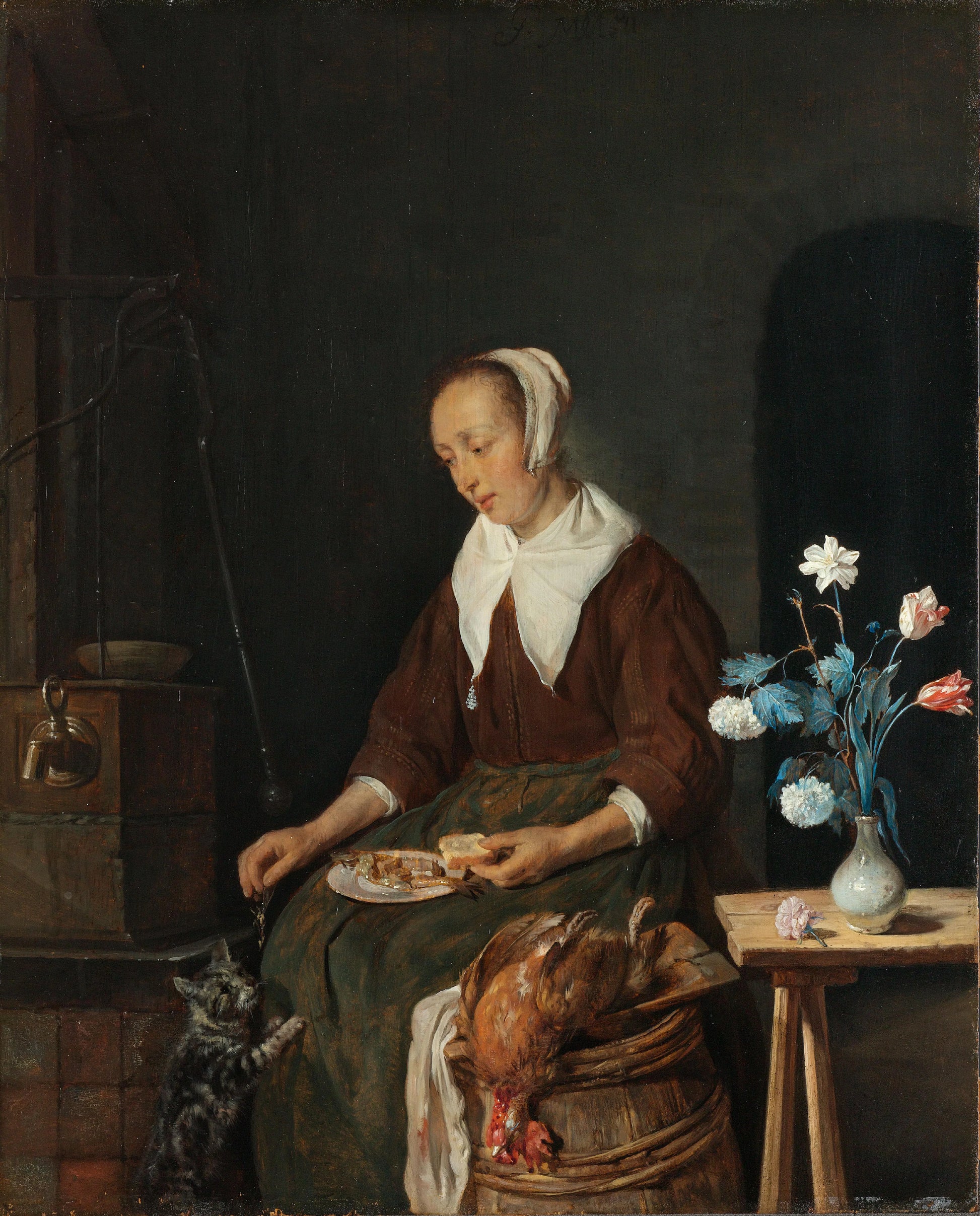 Woman Eating, Known as ‘The Cat’s Breakfast’ – Gabriël Metsu Vintage Floral Art Print | Wall Art Poster