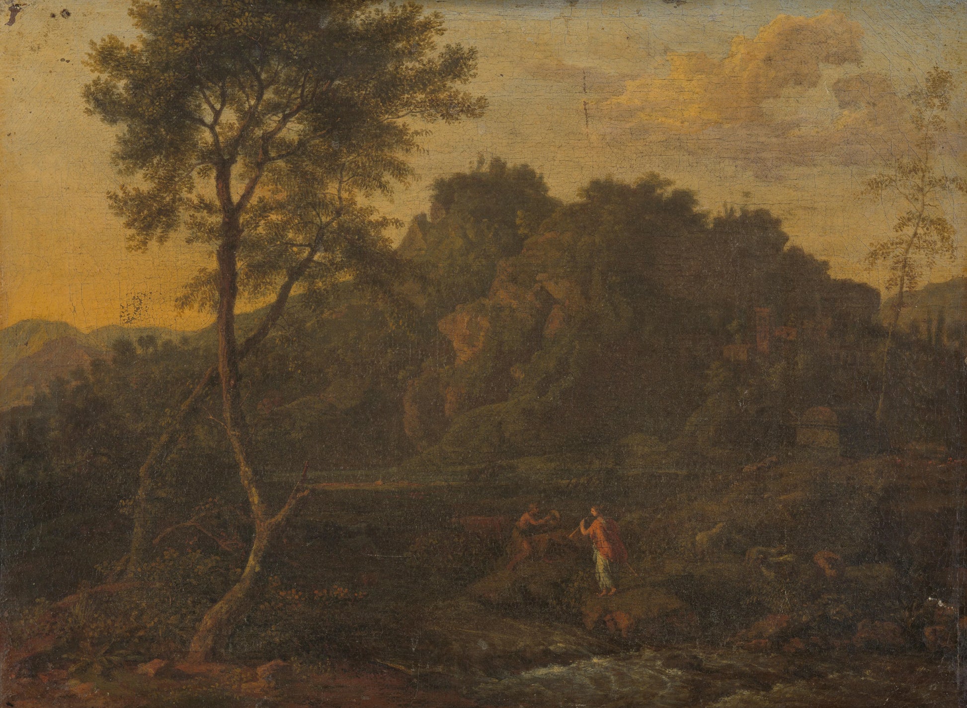 Nymph and Shepherd Making Music in a Landscape – toegeschreven aan Abraham Genoels Vintage Landscape Art Print | Wall Art Poster