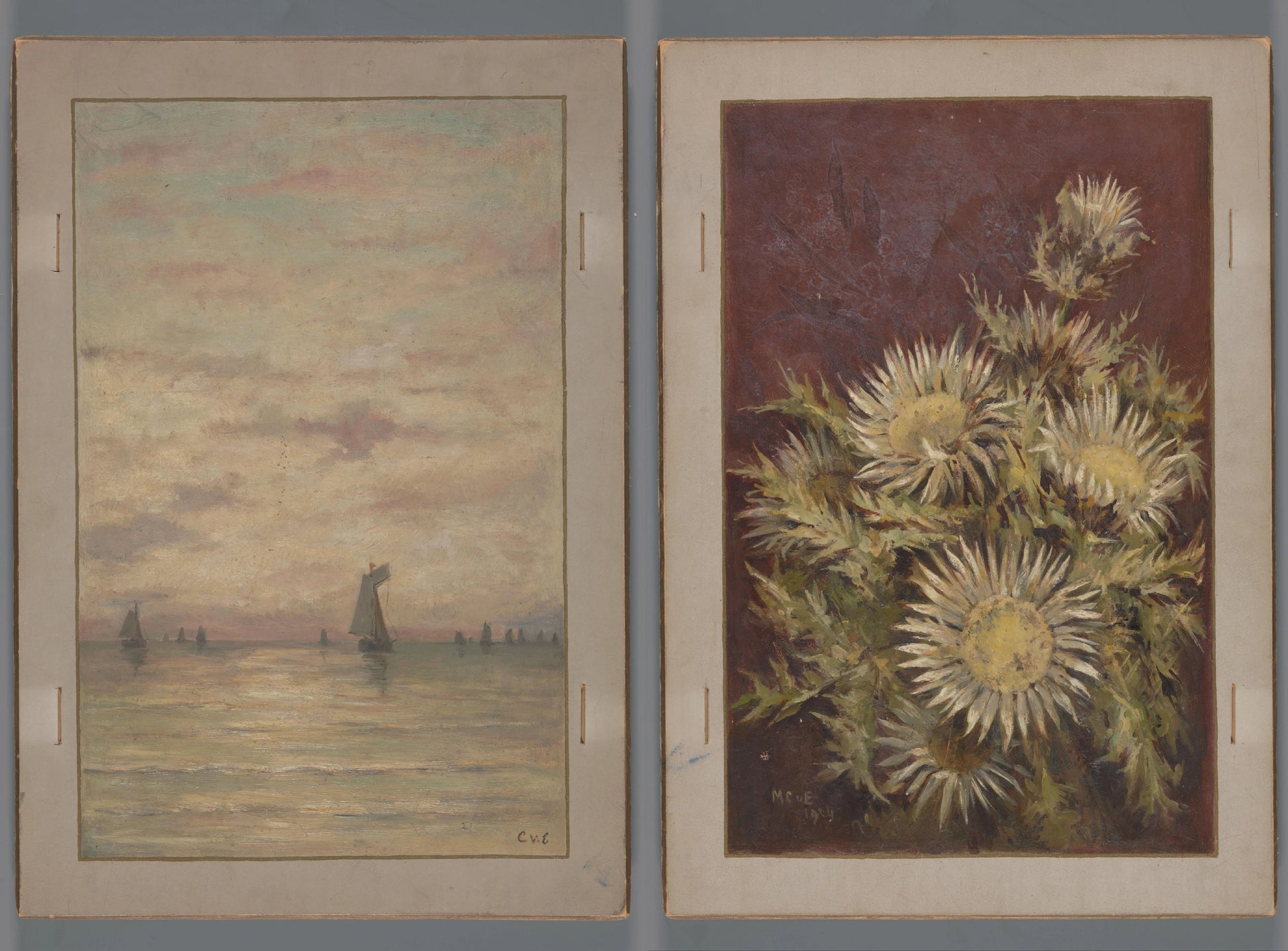 Gezicht op water met zeilschepen en stilleven met zilverdistel – Anna Catharina Maria van Eeghen (eigenhandig gesigneerd) Vintage Landscape Art Print | Wall Art Poster