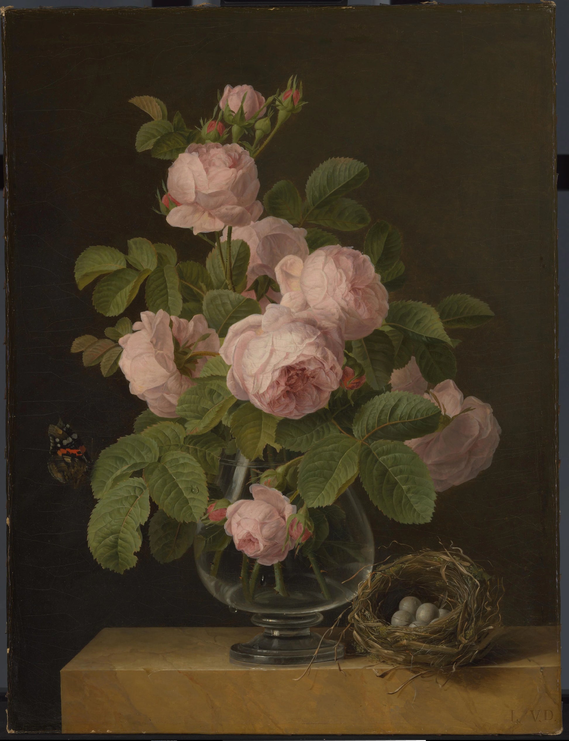 Stilleven met rozen en een vogelnestje – Jan Frans van Dael Vintage Art Print | Wall Art Poster