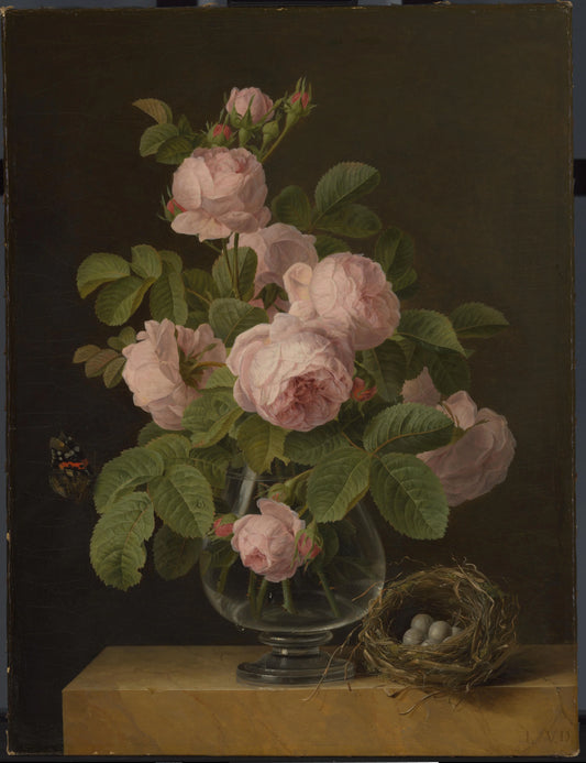 Stilleven met rozen en een vogelnestje – Jan Frans van Dael Vintage Art Print | Wall Art Poster