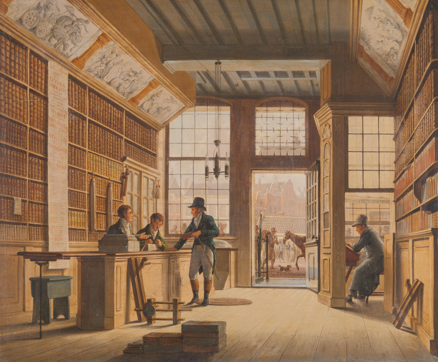 The Shop of the Bookdealer Pieter Meijer Warnars on the Vijgendam in Amsterdam – Johannes Jelgerhuis Vintage Cityscape Art Print | Wall Art Poster