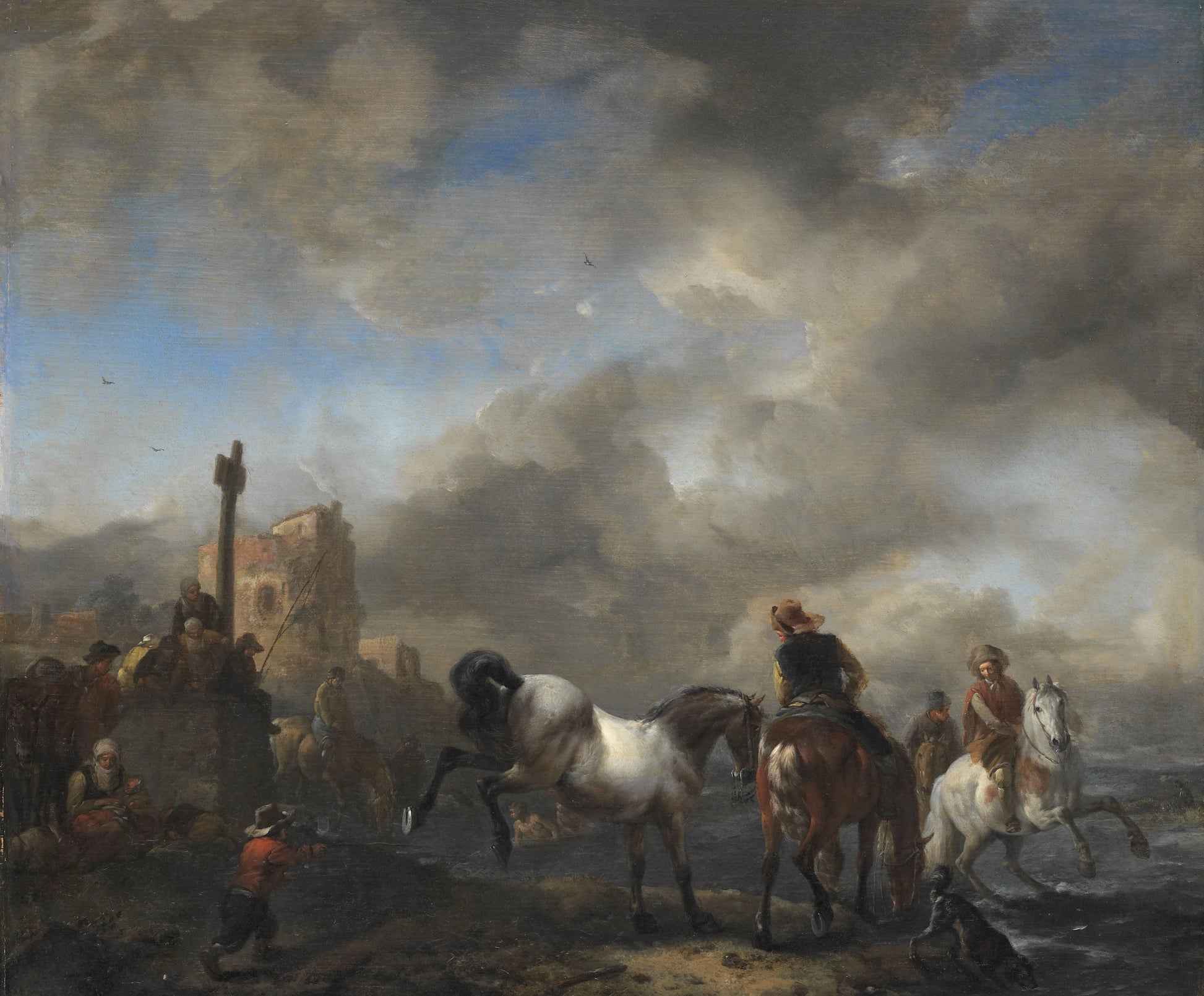 Horsepond near a Boundary Stone – Philips Wouwerman (mentioned on object) Vintage Art Print | Wall Art Poster